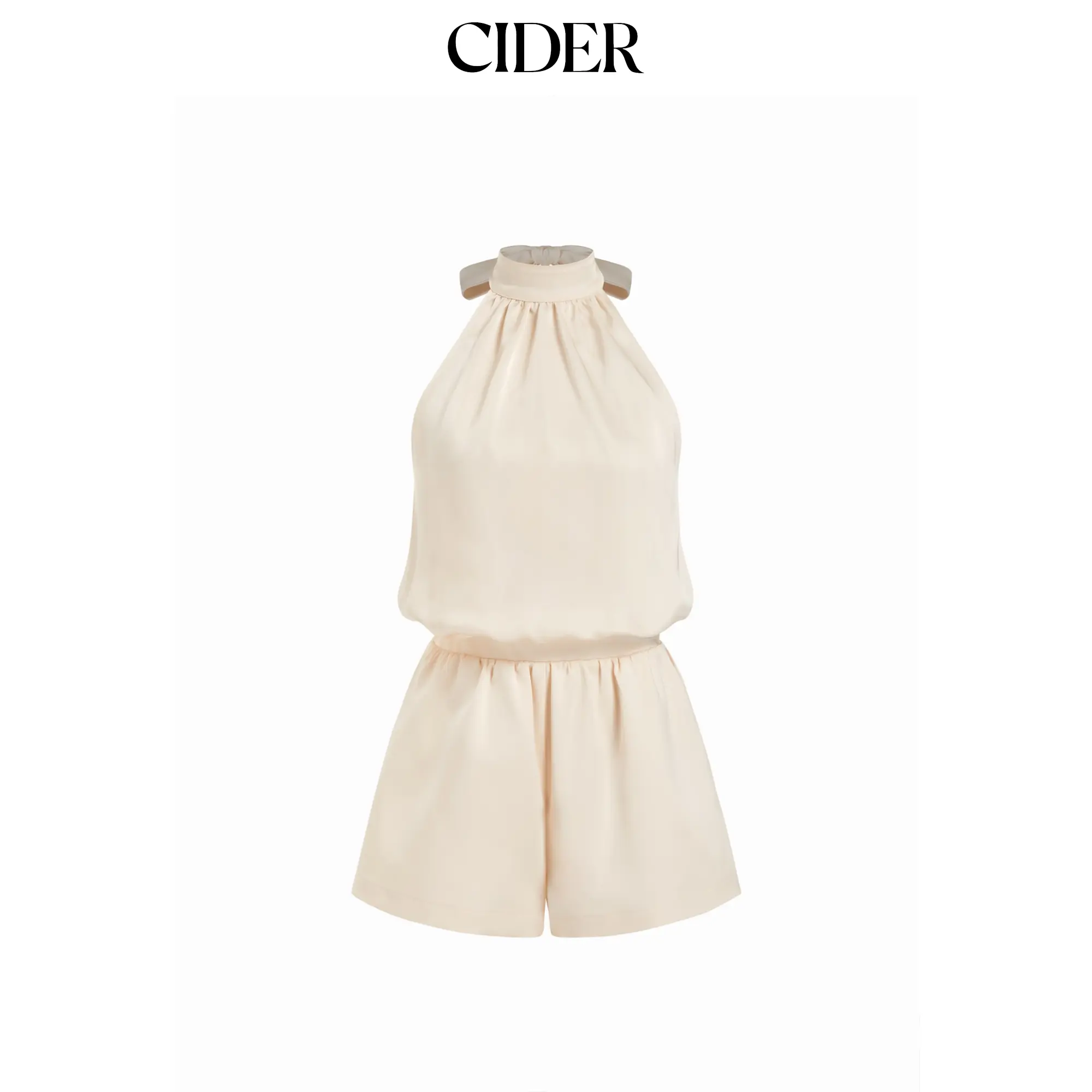 Cider Women's Solid Polyester Sleeveless Satin Halter Neck High-Rise Drawstring Pocket Overalls, Haltered
