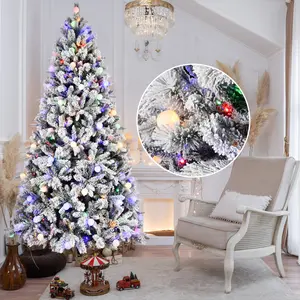 7.5/8ft Pre-Lit Flocked Christmas Tree with Warm & Colorful Lights | Auto-Lighting 3-Section Plug Design | 9 Light Modes, 1523 Tips, Easy Setup，Foldable Metal Stand, Easy Setup for Cozy White Xmas Decor Rgb Steel Decoration