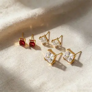 Square Cut CZ Stud Earrings - Copper Gold Plated Red & Clear Zircon Jewelry - Daily Wear & Party Earrings