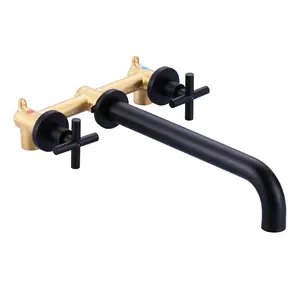 WOWOW Modern Wall Mount Tub Filler - Matte Black Double Handle Faucet with 2 Cross Handles, Long Spout Reach, and Included Brass Rough-in Valves