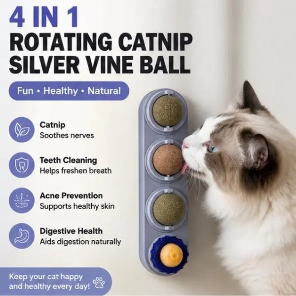 4-in-1 Rotating Catnip Silver Vine Ball Cat Toy - Wall-Mounted, Edible Safe Material, Teeth Cleaning, Digestive Health Support