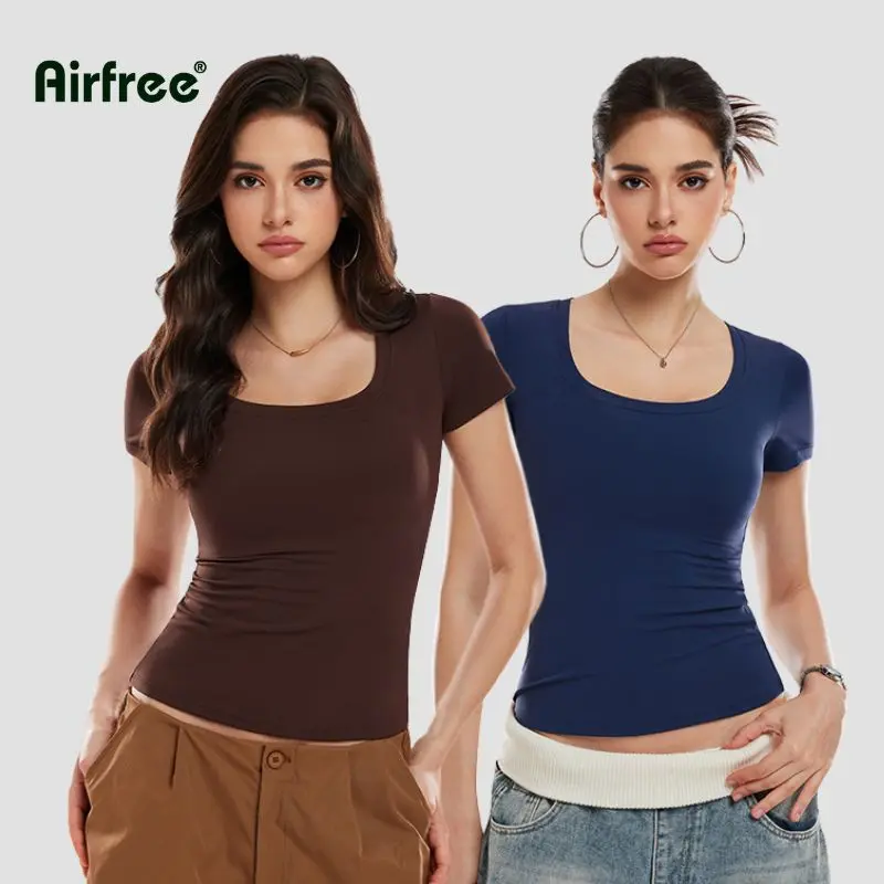 Airfree Women's 2-Pack Scoop Neck T-Shirt Short Sleeve - Soft Stretch Slim Fit Basic Tops, Everyday Essentials, Summer Outfit Minimalist