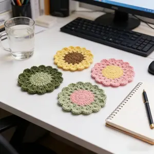 4Pcs Handmade Crochet Coaster Set Soft Fabric Flower Pot Tray Pink Style Anti Slip Cup Mat Multifunctional Home Table Decor Practical Daily Household Housewarming Gift Universal Drink Placemat