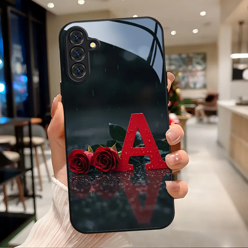 Phone Case - Tempered Glass Phone Case for Samsung for Galaxy A04 A04S A05 A05S A06 A13 A14 A15 A16 A22 A23 A24 A25 A32 A33 A34 A35 A52 A52S A53 A54 A55 5G S21 S22 S23 S24 FE Plus Ultra 5G Red Rose Letter A Dark Tone Romantic, Accessories, Smartphone, Cas