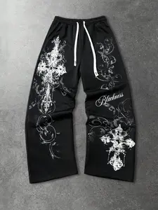 Men's Gothic Cross Wide Leg Pants, Y2K Street Style Loose Long Pants, Dark Gothic Print Drawstring Casual Pants for Punk Rock Skateboard