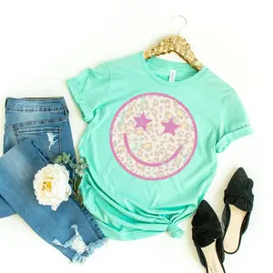 Simply Tees Star Leopard Smiley Trendy Mint Graphic Tee