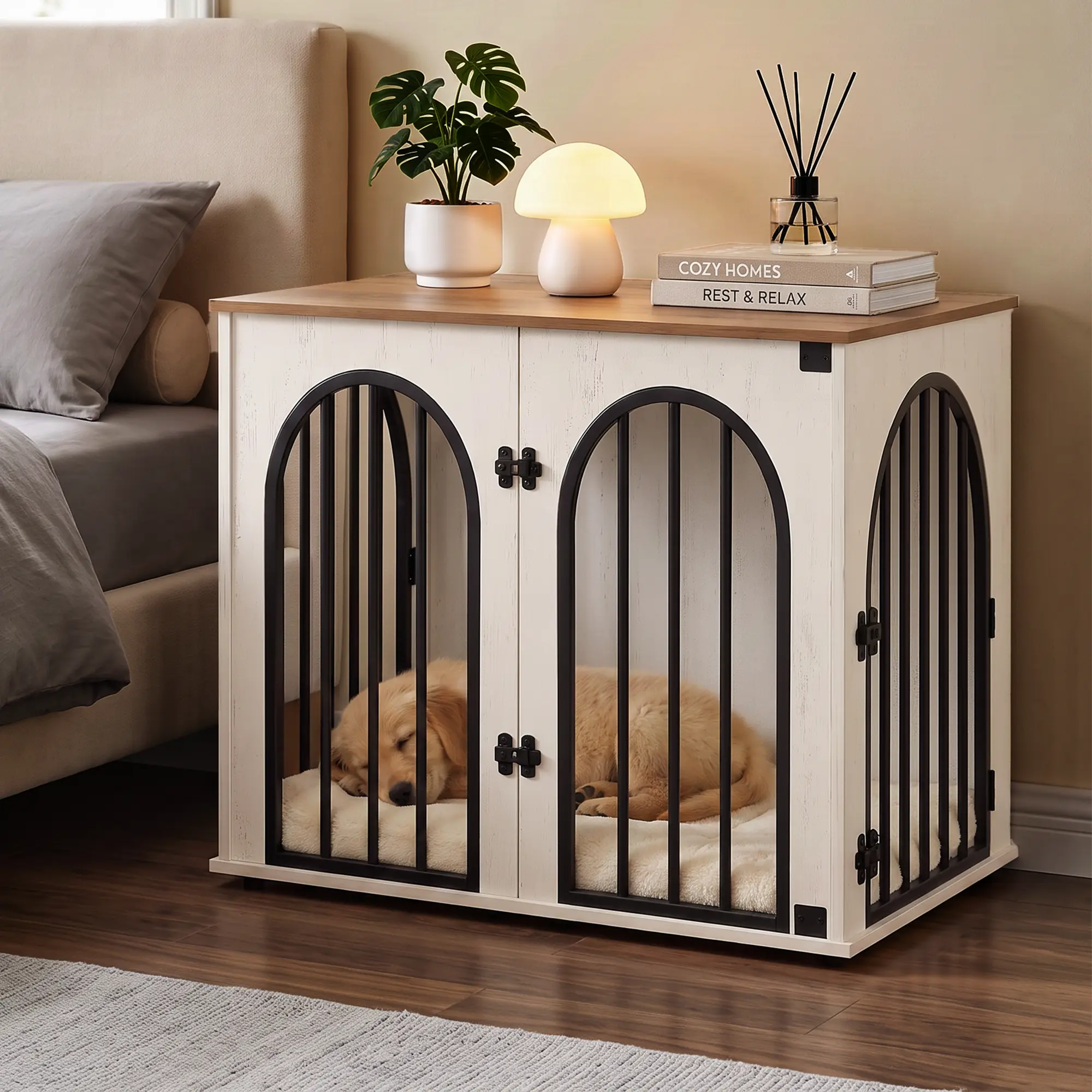 Hzuaneri 26.8'' Wooden Dog Crate Furniture, Indoor Dog Kennel Dogs Cage for Small Dogs, Heavy Duty Dog Crates Decorative Pet House End Side Table TV Stand