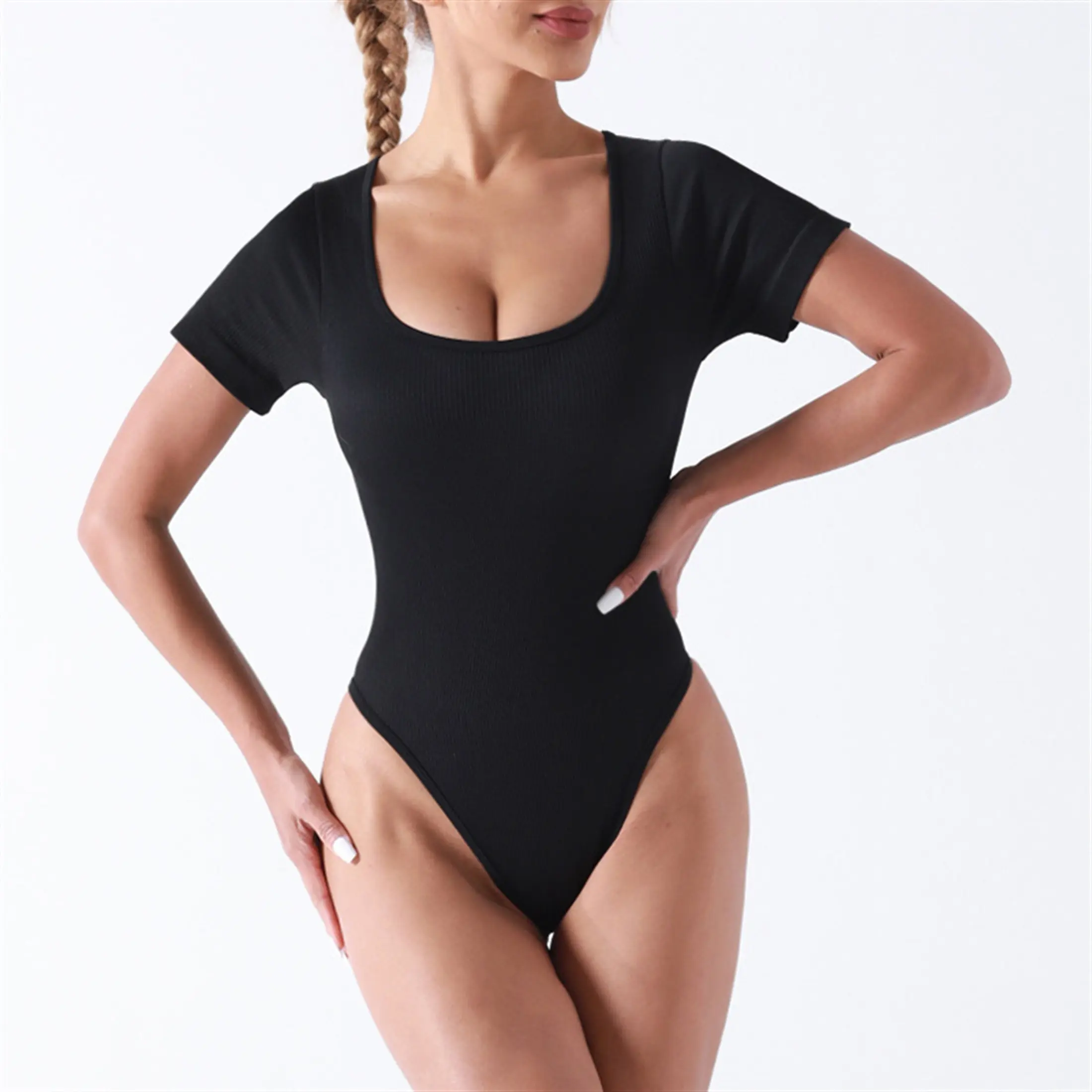 Bodysuits for Womens Tummy Control Short Sleeve Scoop Neck Ribbed Casual Stretchy Basic T Shirt Bodysuit Tops Black Shortsleeve