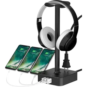 L-HPS013  Headphone Stand with USB Charger Desktop Gaming Headset Holder Hanger with 3 USB Charging Station 2 Outlets Power Strip-Suitable for Gamer Desktop Table Earphone Accessories,Gifts for Boyfriend