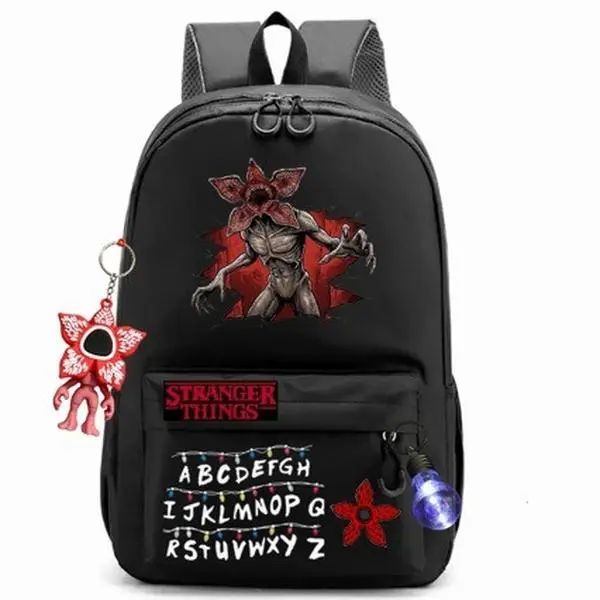 Stranger Things Horror Themed Men's Fashion Backpack, Black Large-Capacity Student School Bag with Pendant for Teens