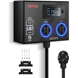 VEVOR NEMA Splitter for Dryer and EV, 3 - Color LED Indicator, 240V Smart Power Distribution, with NEMA 14 - 30 Plug, NEMA 14 - 30 NEMA 14 - 50 Outlets, Large 3.4 - Inch LCD Screen, for Max 24A Dryer or EVVEVOR Super Brand Day
