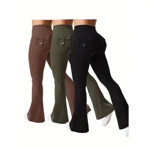 3pcs Of Black Gray Green, Black Gray Rose Red Fashionable Workwear Style Bell Bottoms,  Workwear Style Peach Hip Pants, Sports Quick Drying Belly Lifting Pants with Flared Bottom Pant Tiktok shop Breathable   leggings Cargo Casual Pocket Soft leggings