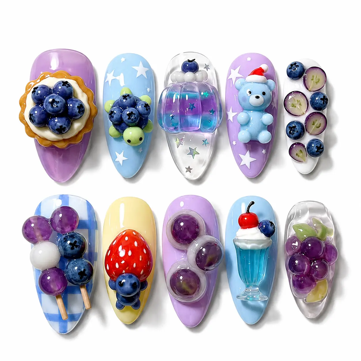 Kawaii Dessert Press On Nails | Handmade 3D Purple Blue Berry Bear Fruit Pie Charm Nail Set| FREE Adhesive Tabs  Nail File Cuticle Stick