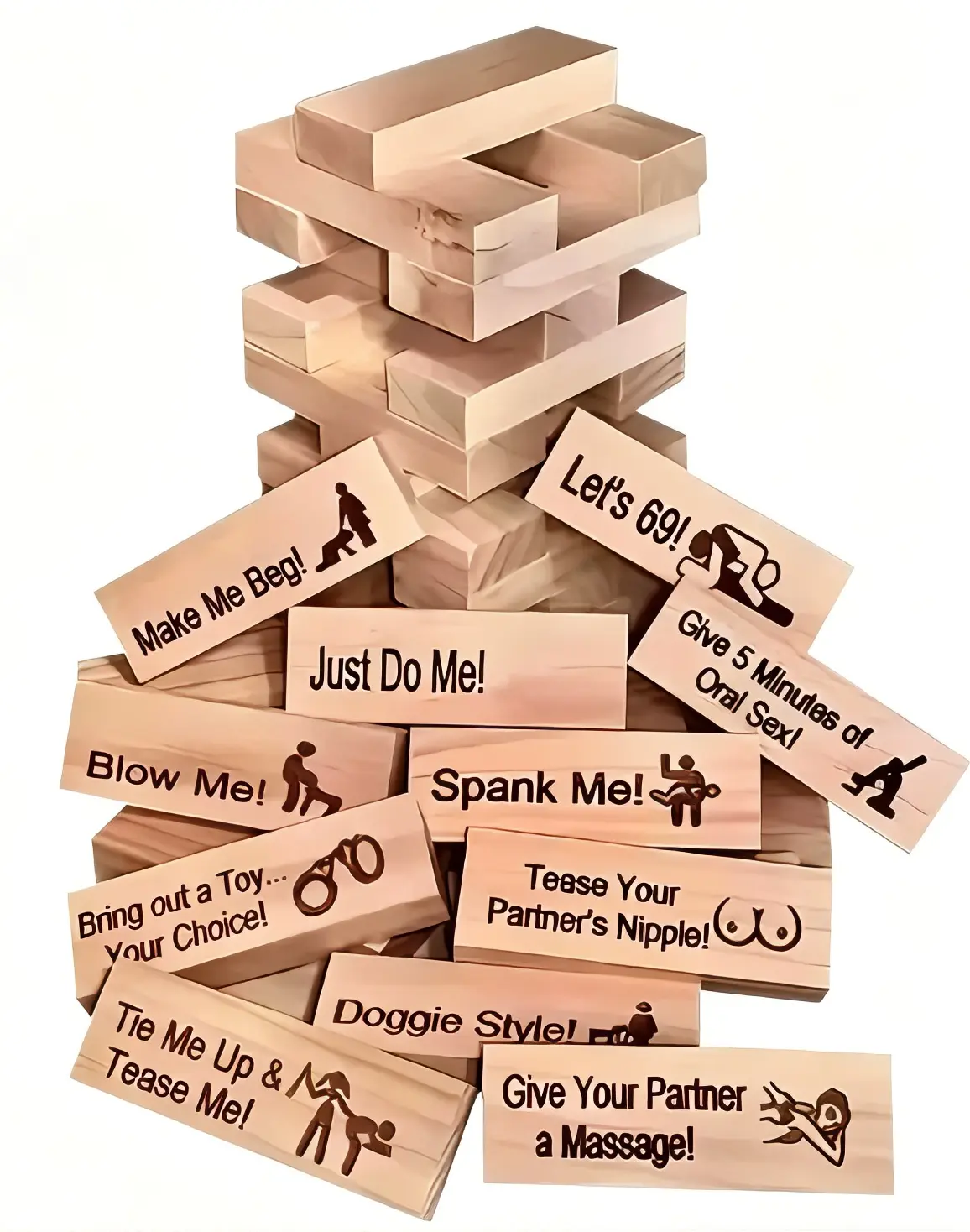Wooden Jenga Game with Adult Themes - Naughty Phrases for Couples - Perfect for Romantic Playtime