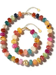 2-Piece Rainbow Candy Color Resin Beaded Necklace and Bracelet Set, European and American Style Unique Fashion Jewelry