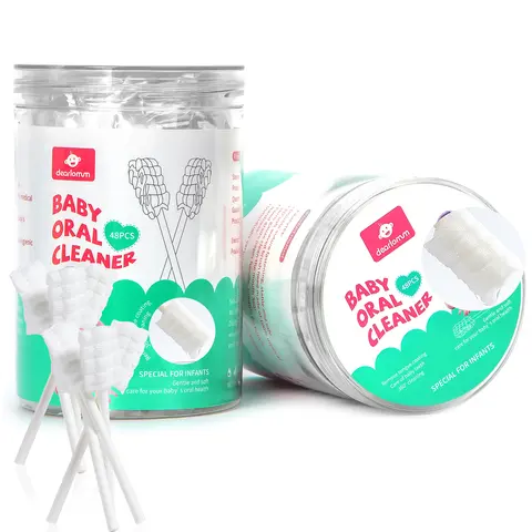 Dearlomum 48PCS Disposable Newborn Baby Oral Care Kit - Round Cotton Absorbent Cleaning Sticks with Double Suture Fastening, Children's Toothbrush for Gum & Tongue Massage