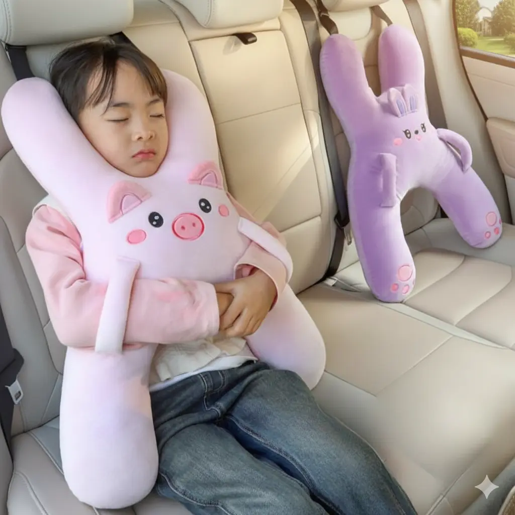 Playful Cartoon Character Pig Stuffed Plush Kids Car Seat Head Support Pillow - Pa Travel Long Trip Essentials, Prevents Head Slump, Seat Belt Safe Toddler Car Accessory, Long Trip Support