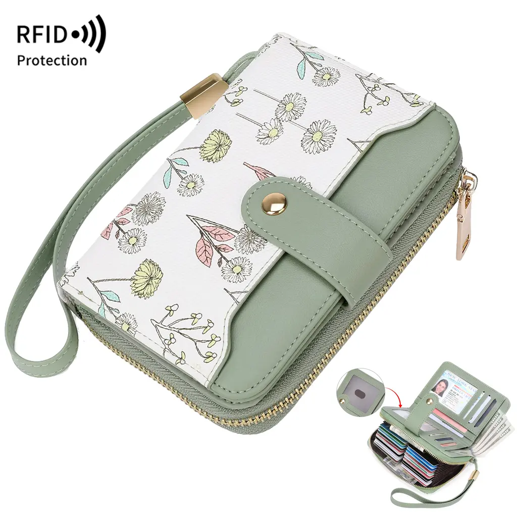 Wallets for Women, Floral PU Leather Accordion Card Holder with RFID Blocking, Large Capacity Zip Around & Removable Strap, Removable Strap Women's Wallets, Accordion Slots, Zip Closure, Basic Chic, Accordion Fold