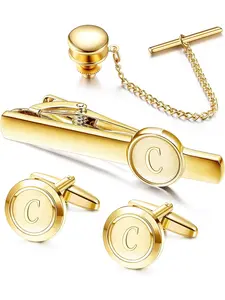 Brilliant 4 Pcs Golden Shining Initial Cuff Links Tie Clip Set Copper Cuff Links Tie Bar for Men Women Tie Pin Letter Alphabet A-Z for Wedding Groomsmen Husband Father