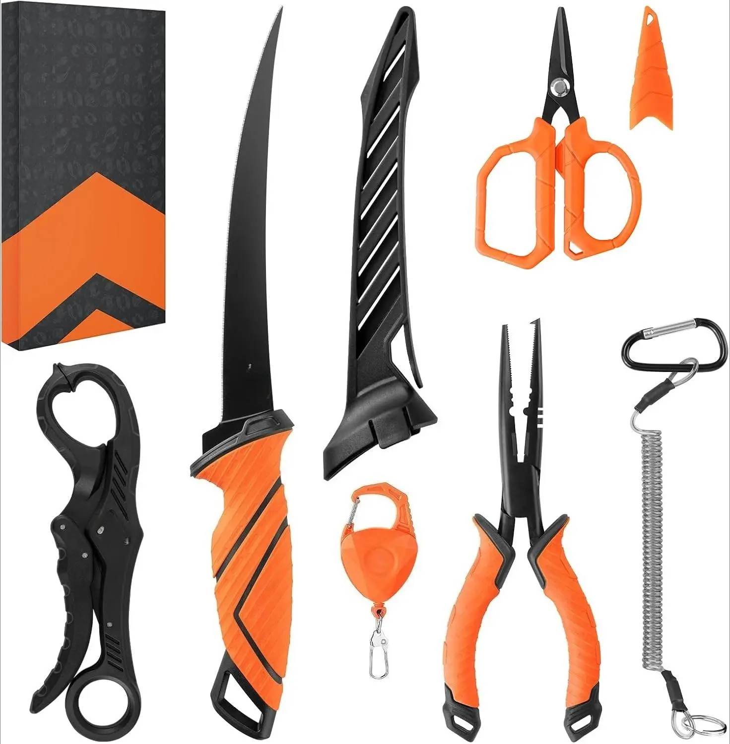 6pc Fishing Tool Kit - Corrosion Resistant Fishing Pliers with Lanyard, Fillet Knife, Floating Fish Lip Gripper, Fishing Braid Scissors, Tool Retractor, Fishing Gifts for Men