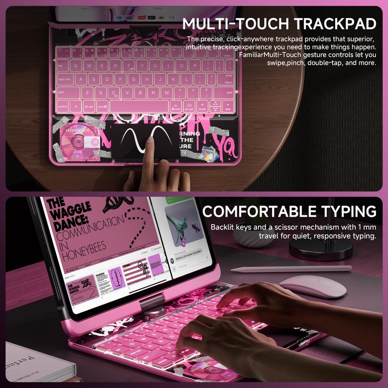 Transparent Y2K Pink 360°Rotatable Keyboard iPadCase for 2022 iPad 10th Gen 10.9-in & iPad 11th Gen 11-in.(A16, 2025),Clear Hard PC Back,Trackpad,Pencil Holder,7 Color Backlight Adjustable Durable