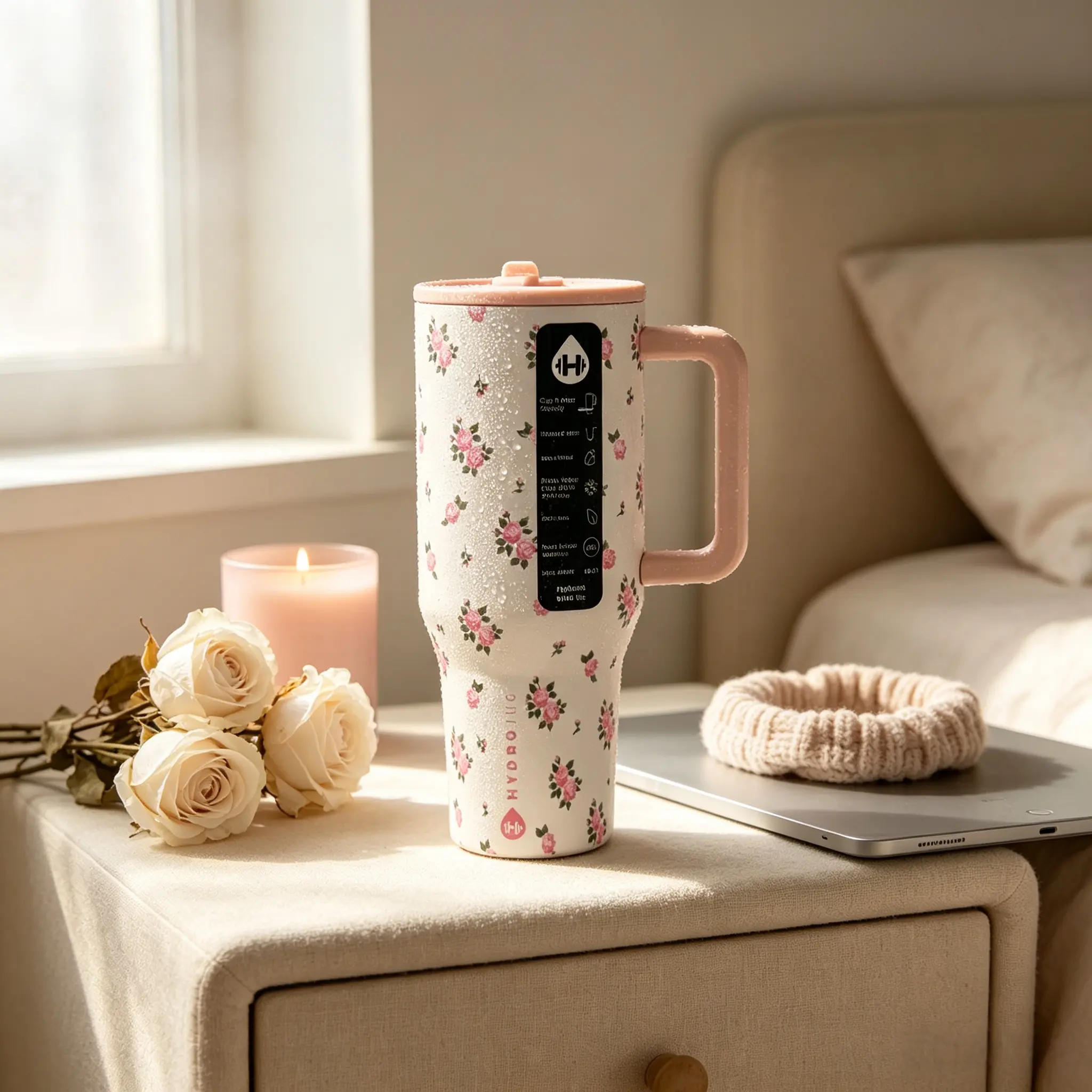 HydroJug 40oz Stylish Dainty Pink Rose Floral Insulated Stainless Steel Tumbler - Pink Handle & Straw, Vintage Cup Holder-Friendly Iced Coffee Travel Mug for Women's Drinkware