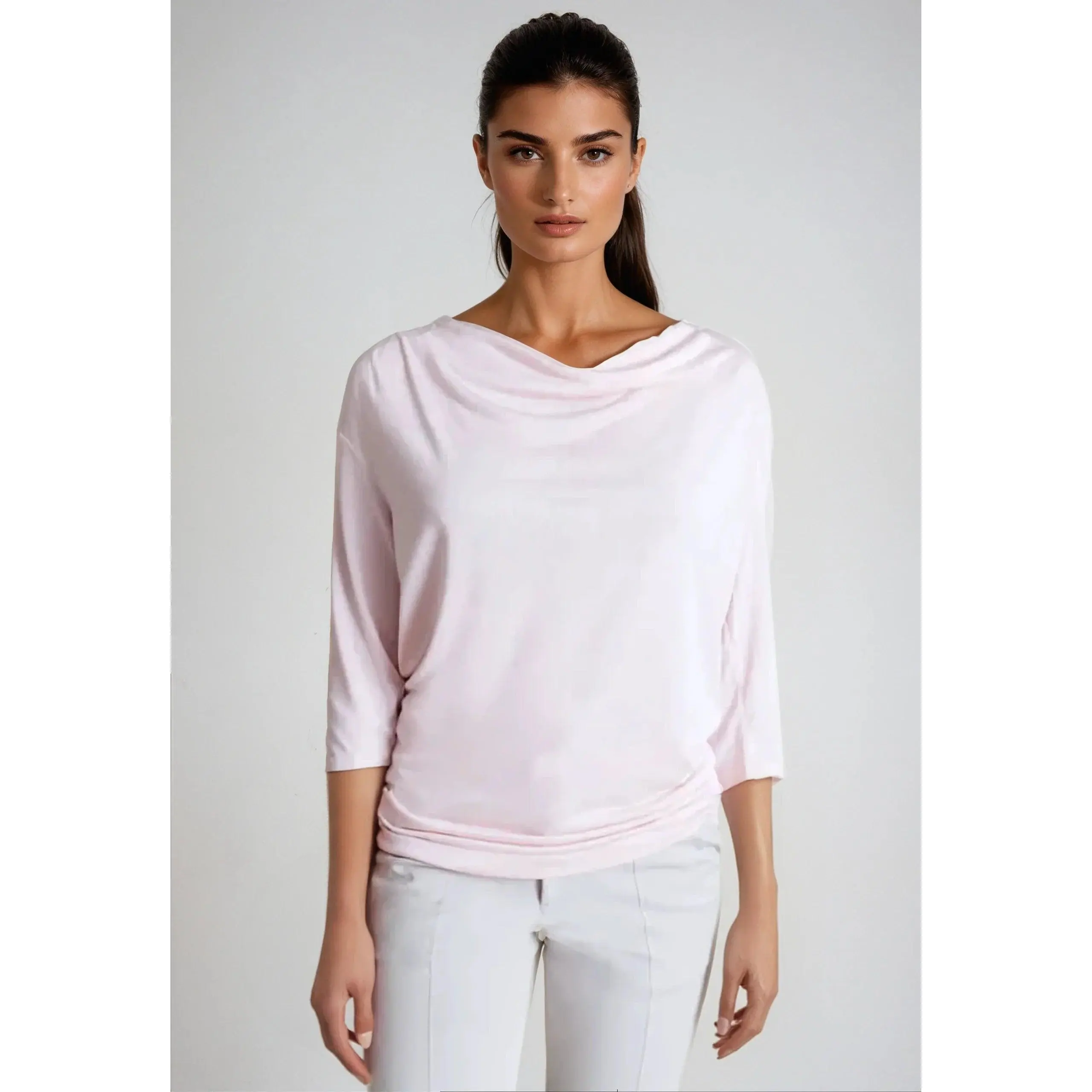 Women's Classy Casual Light Cowl Neck Tshirt - Blush Pink Piece, Jacket-Inspired Cam Clothes for Bon Voyage Travel Wear