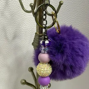Purple Pom Pom Keychain with Colorful Beads and Crystal Accents for Stylish Accessory