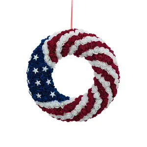 Handmade Blue American-Themed Flower Wreath Box, 4th of July & Memorial Day Festival Decoration, Front Door Wall Home Hanging Decor