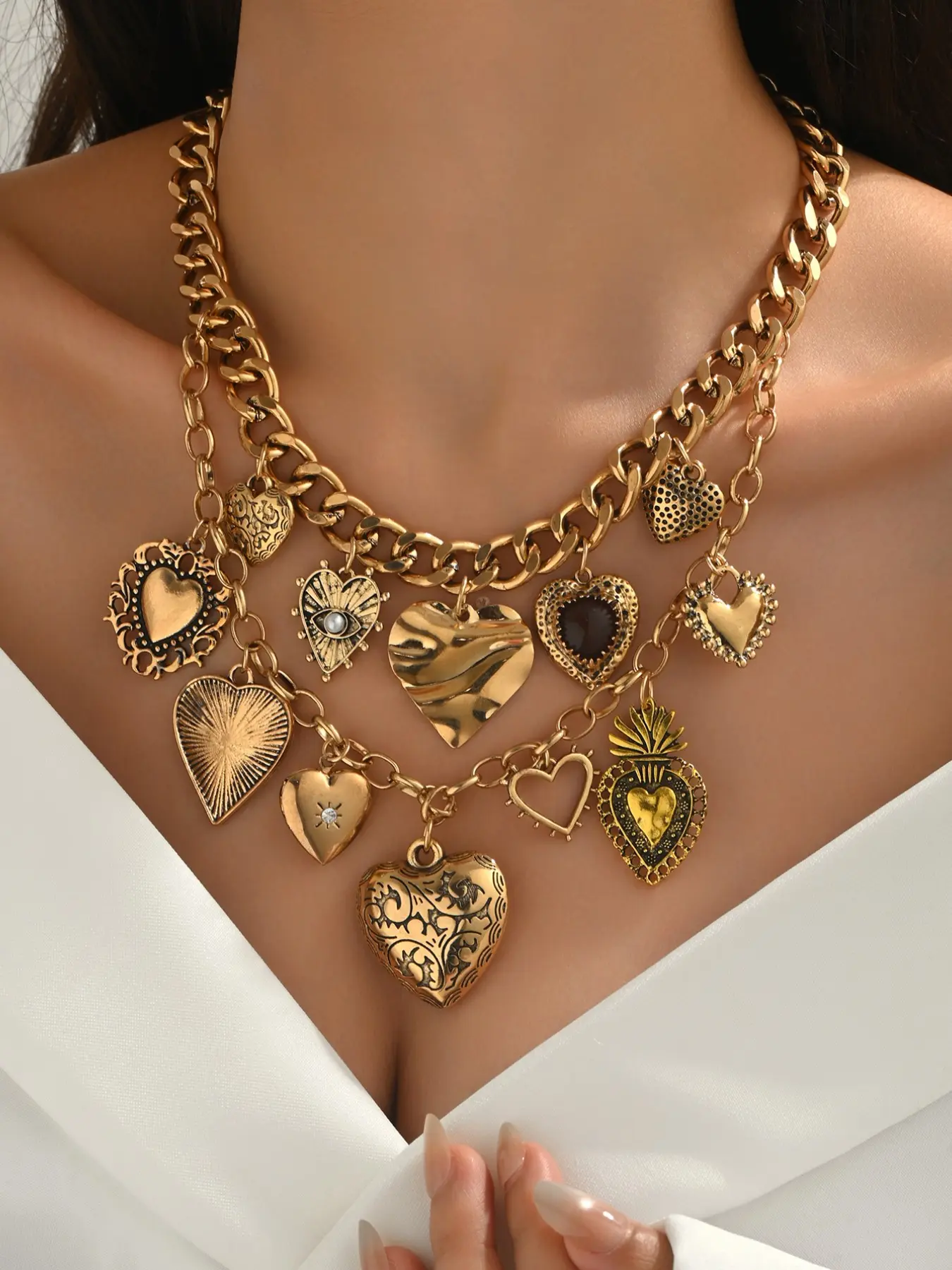 Women's Chunky Heart Charm Necklace - Vintage Gold Tone Multi-Design Heart Pendants, Statement Gothic Boho Style, Lightweight Durable, Great for Night Out, Music Festival, Casual & Formal Outfits, Birthday Gift