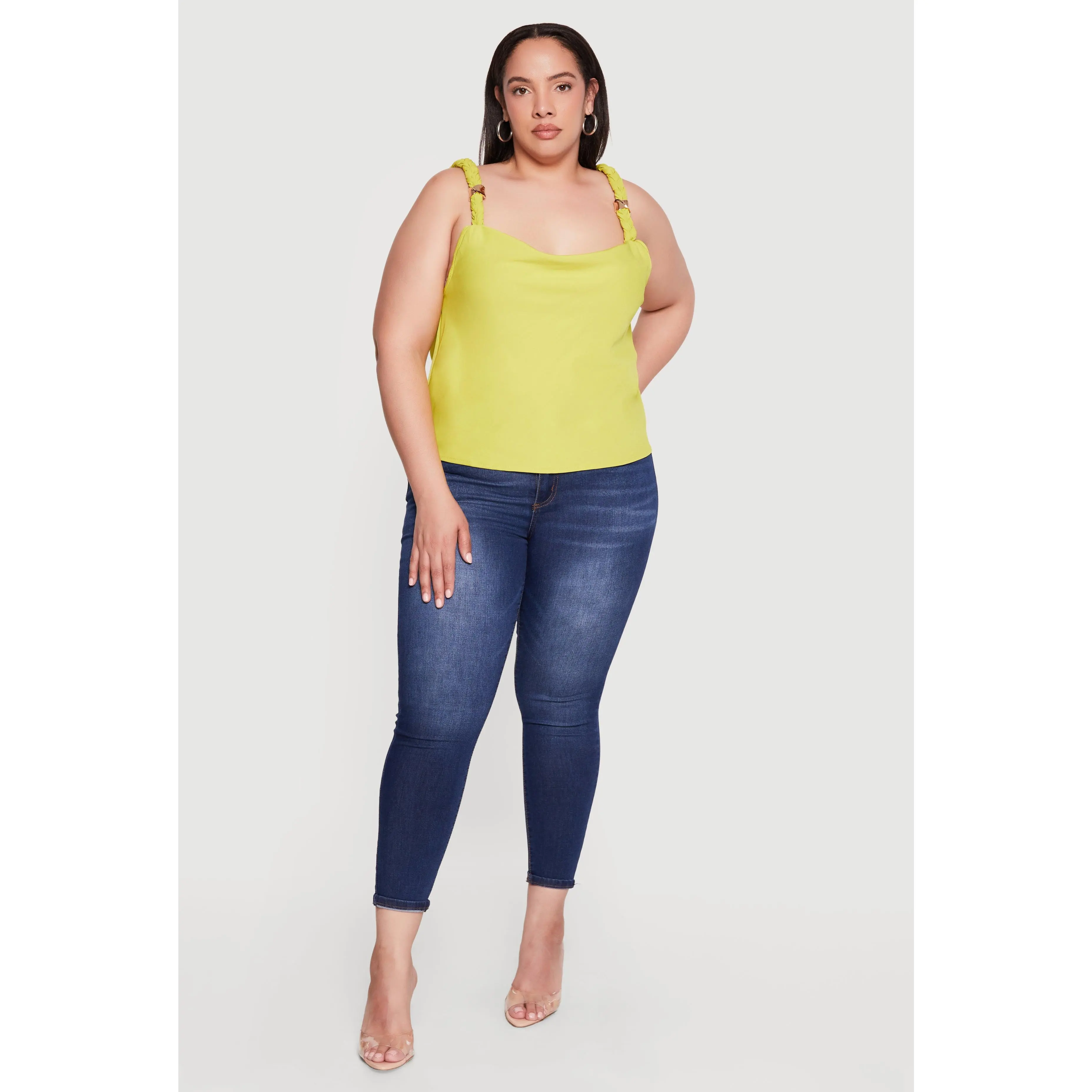 Plus Size Metallic Detail Braided Strap Cowl Neck Blouse