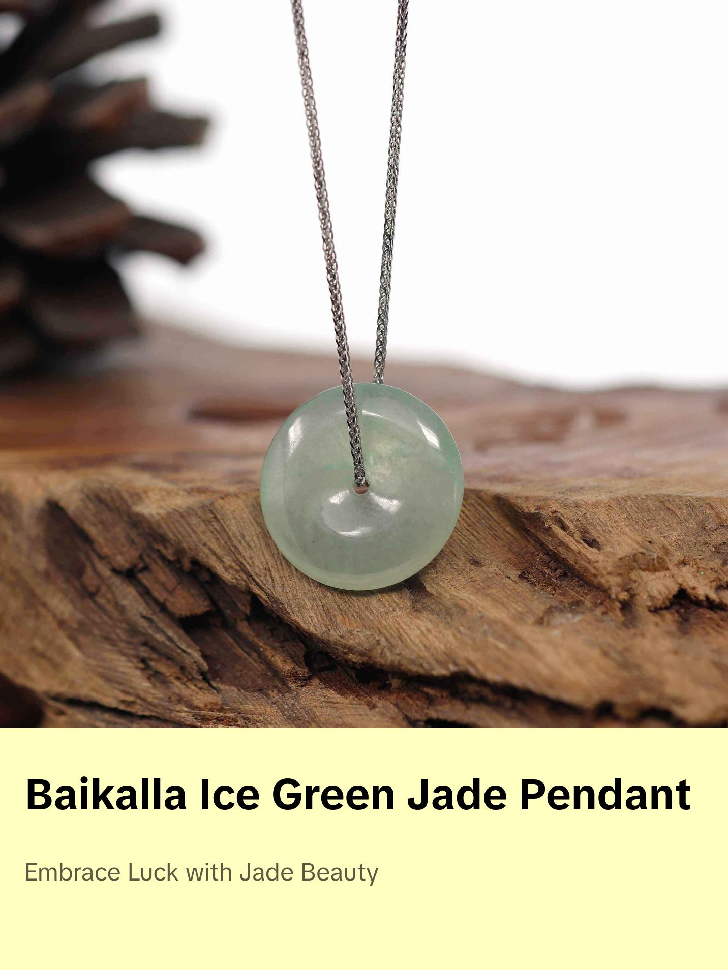 Baikalla "Good Luck Button" Necklace Ice Green Jadeite Jade Lucky Ping An Kou Pendant