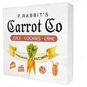Carrot Wooden Box Sign Desk Decor 5 x 5 Inch Easter Carrot Box Sign Wood Plaque Block Sign Rustic Home Easter Kitchen Decor