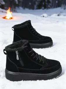 Women's High-Top Warm Hiking Boots, Fleece Lined, Zipper Design, Windproof Waterproof Non-Slip, Fall Winter Outdoor Shoes, Trekking Camping Shoes