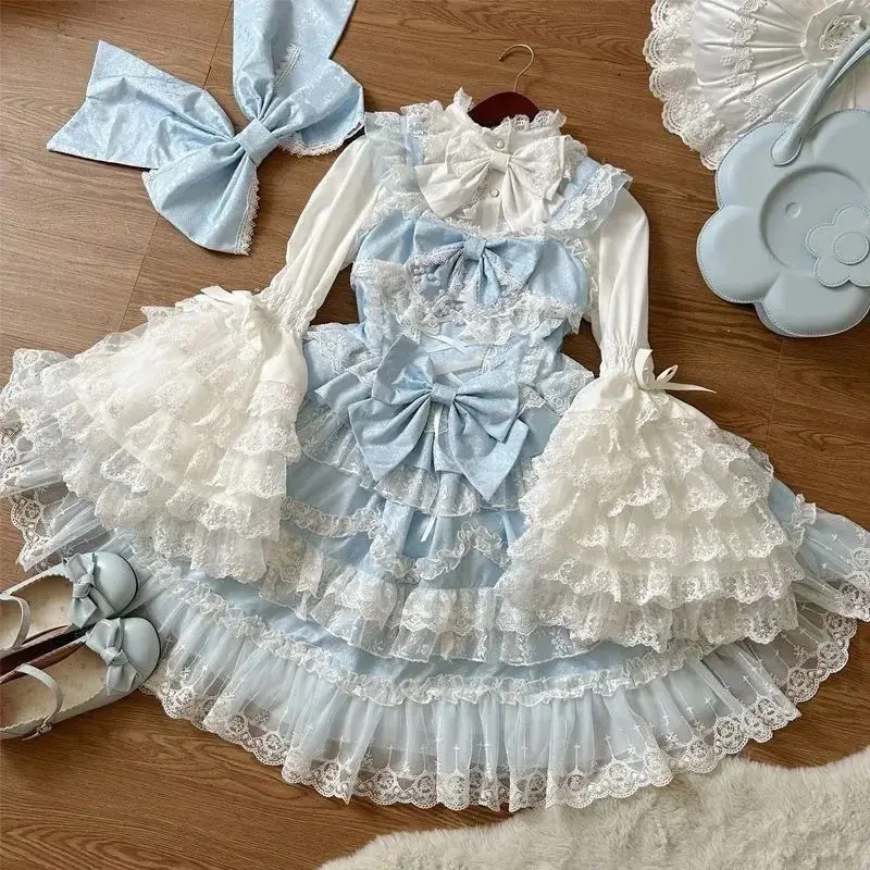 Lolita Kawaii Y2k Long Sleeve Strap Dress Japanese Knee-Length Women Elegant Lace Bow Patchwork Ball Gown Sweet All Season