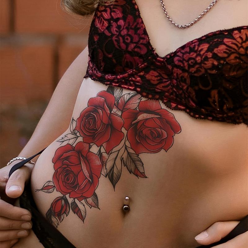 1pc Red Temporary Rose Flower Arm and Leg Tattoo Stickers, Stripper Chest and Thigh Design, Waterproof, Perfect For Women, Waterproof Realistic Tattoos