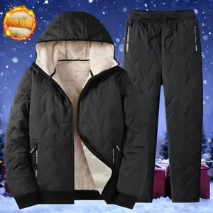 Men’s Casual Cotton Jacket and Pants Set - Autumn/Winter Hooded Long Sleeve Straight Leg Winter Coat with Plush Lining and Polyester Fiber Fabric Stand Collar Pocket - Perfect as a Christmas Gift thick comfort