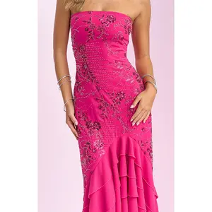 Khai Pink Ruffle Maxi Scarf Beaded Dress