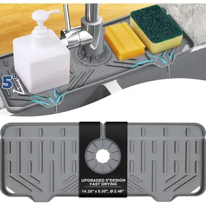 Silicone Faucet Handle Drip Catcher Tray Mat, Silicone Faucet Mat Dish Soap Sponge Holder for Kitchen Sink Accessories Gadgets, Drying Mat for Kitchen Counter Bathroom Kitchen Sink Splash Guard -Grey BFONS