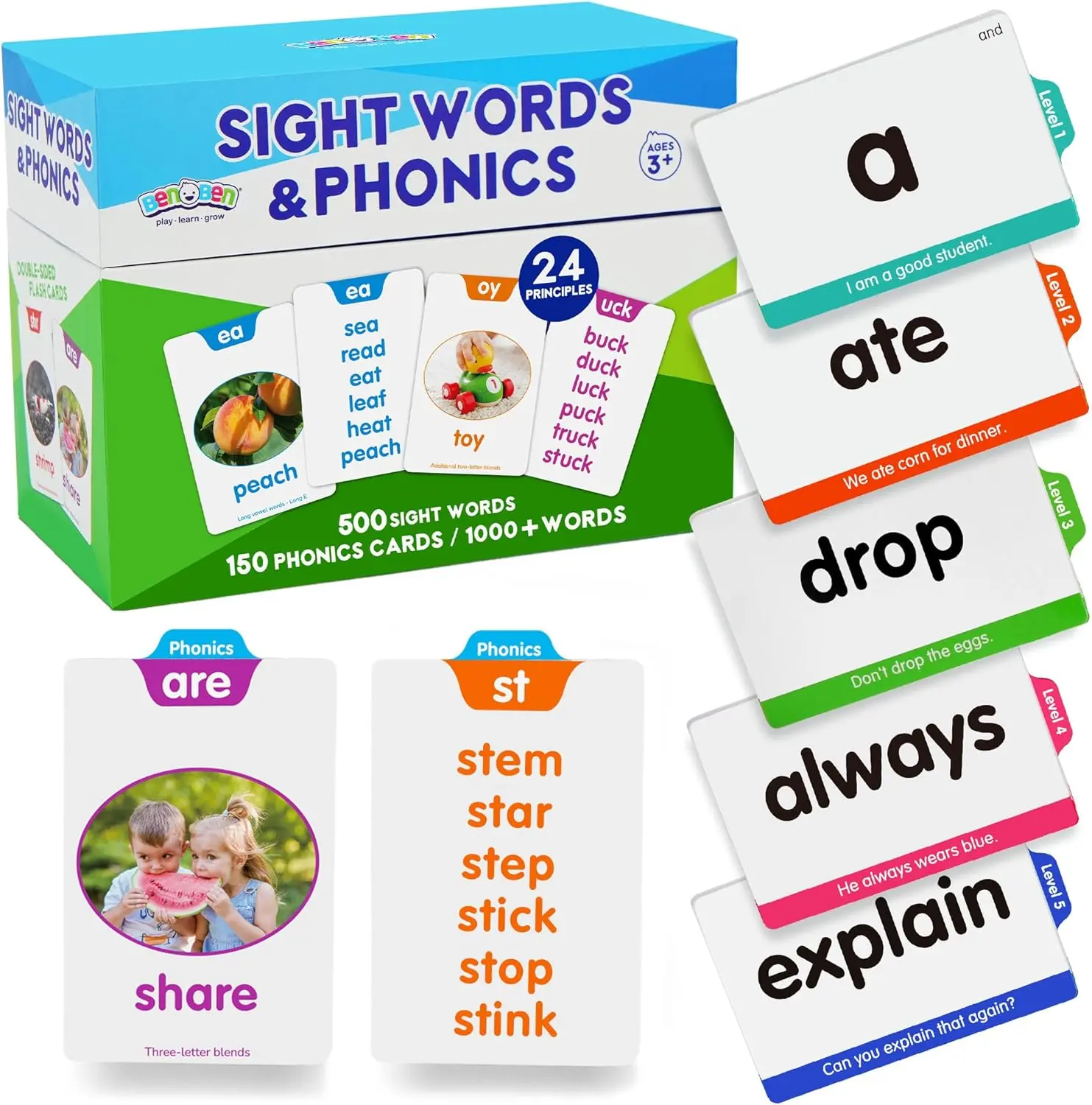 BenBen 650 Sight Words & Phonics Flash Cards, Learn to Read CVC, Blends, Long Vowel Sounds, Dolch & Fry High Frequency Site Words for Pre-k Kindergarten 1st 2nd 3rd Grade Kids Ages 3-9