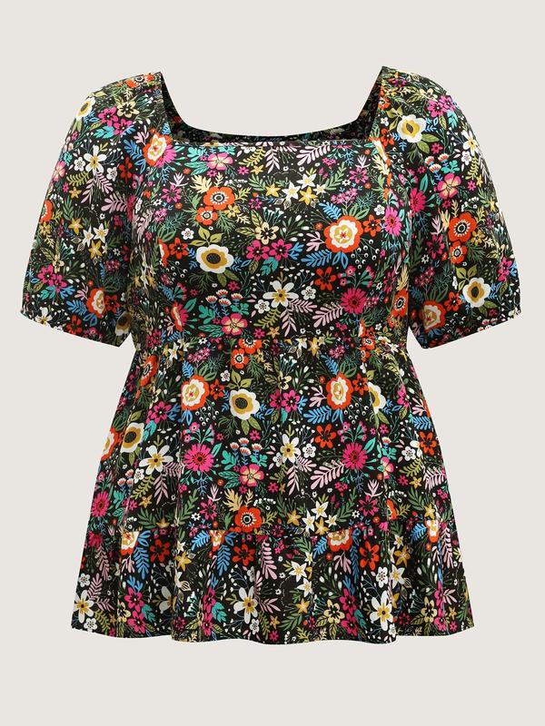 BLOOMCHIC Floral Square Neck Fitted Blouse Short Sleeve Lantern Summer Boho Top for Women Blackflower Turquoise 100% Polyester Shirts Shortsleeve Womenswear Bohemian Casual Button Down