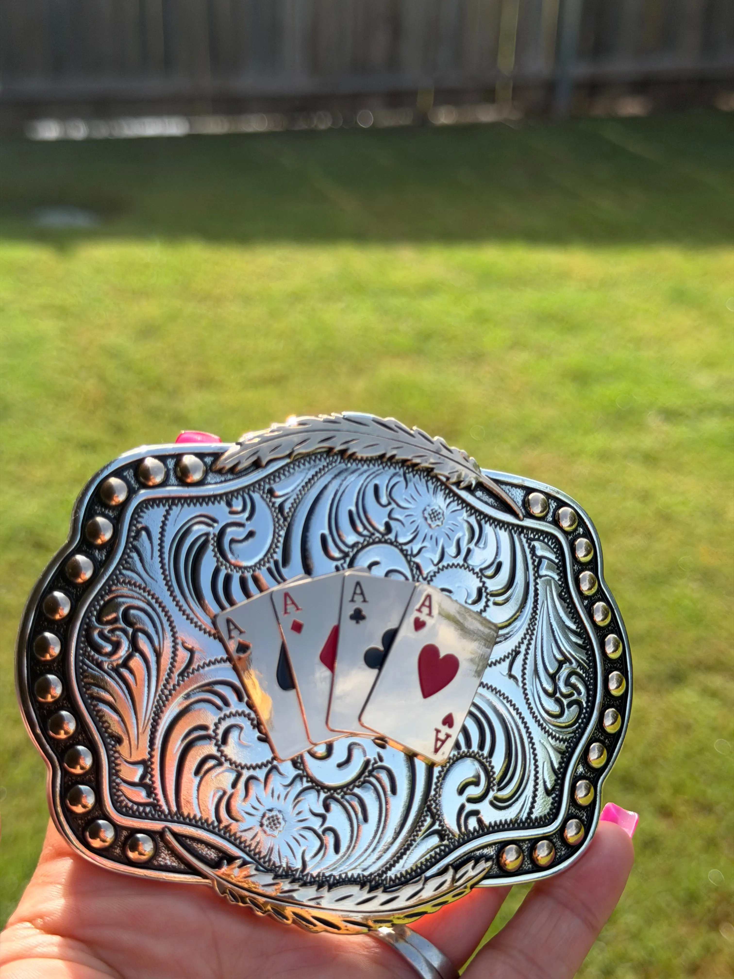 Western 4 Aces Metal Buckle with Spade Hearts & Card Motifs, Engraved Antique Silver Finish for Cowboys & Poker Lovers