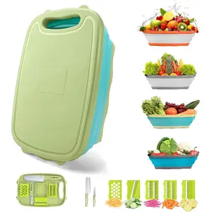 Camping Cutting Board 9-in-1 Collapsible Chopping Board with Colander, Kitchen Vegetable Washing Basket for Camping, Camping Gifts Camping Accessories for RV Campers (Blue Green) - Home Improvement.