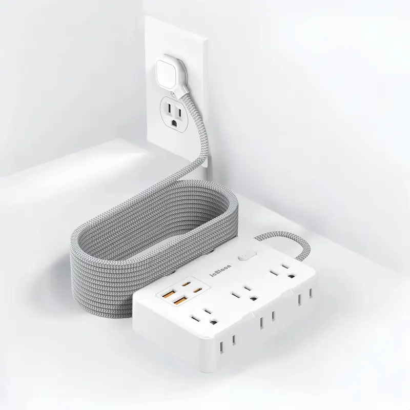 JcBlaon Durable Flat Plug Surge Protector Socket Extension - 6 Outlets, Multi Ports (2 USB-C), 5/10ft Braided Cord (5/10ft Reach for Tight Spots), 0.35in Ultra Slim, Wall Mount, Overheat Protection, 1250W, 1050J Surge Guard, for Home Dorm Room Use