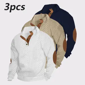 3-Pack Men's Fashion Jacquard Knit Pullover, Spring Fall Comfortable Breathable Long Sleeve Button Placket Henley Shirt, Polyester Fabric, Street Retro Color-Block Top for Daily Commute, Dinner Dates & Outdoor Travel
