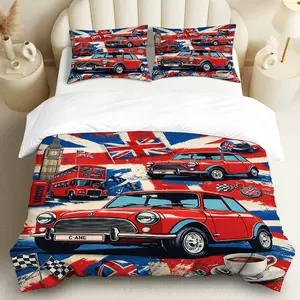 3PCS Duvet Cover Set, 1 Duvet+2 Pillowcases(Without filler), British Car London Flag Retro Vintage Travel theme, Christmas bedding set, Union Jack Big Ben Bus Suitable for decoration bedroom hotel guestroom.