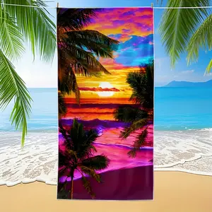 Tropical sunset beach towel, Absorbent Breathable Towel, soft, absorbent, quick-dry. For pool, camping, travel, gym. Bright palm tree ocean design.