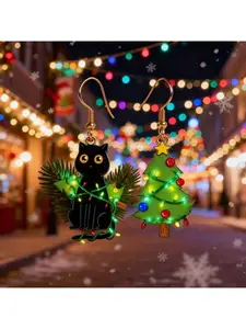 Cute Black Cat and Pine Tree Earrings - Acrylic Material, Suitable for Christmas Day and Daily Wear, Women's Party Fun Declaration Earrings (Gift for Her) - Comfortable and Durable Design