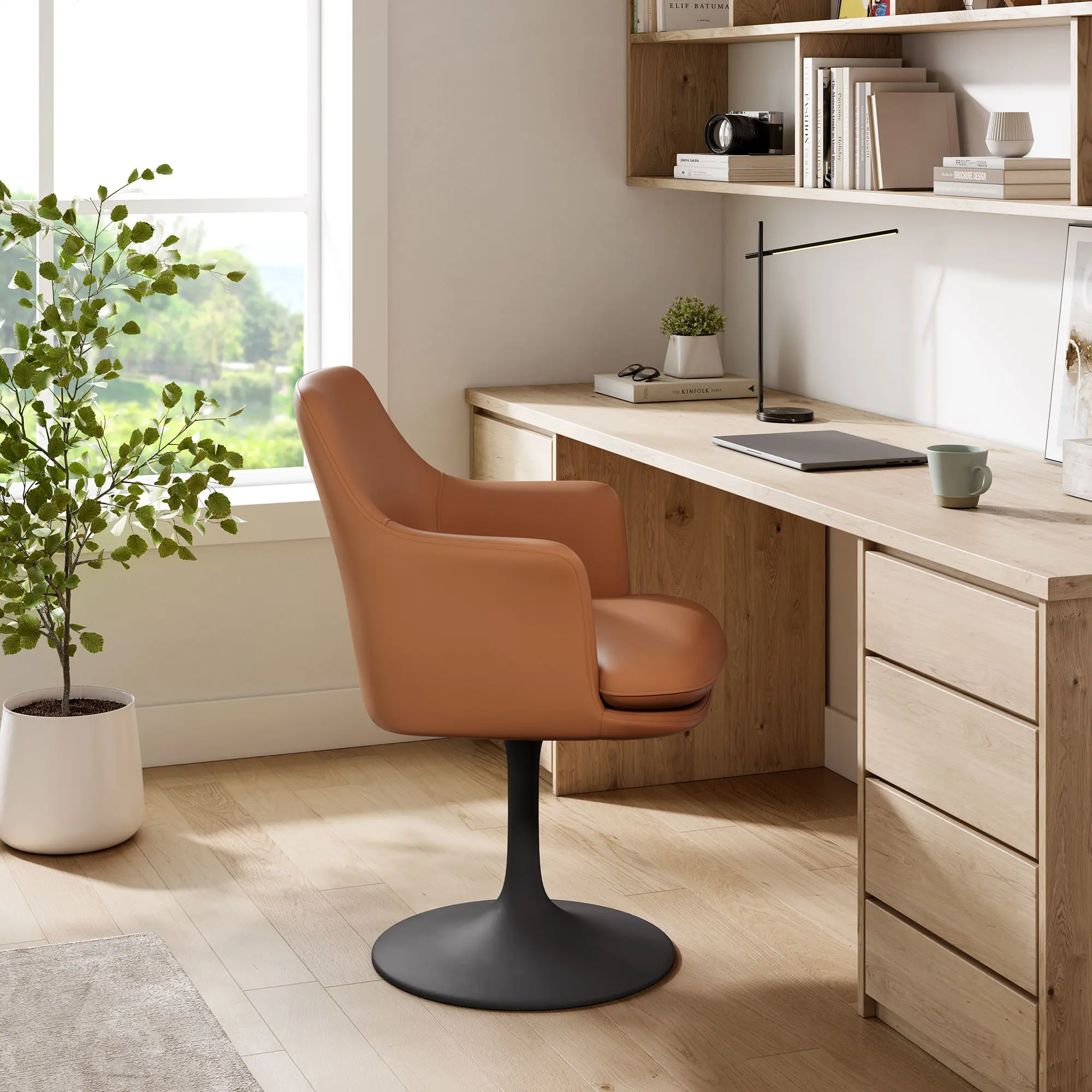 Lippa Vegan Leather Swivel Dining Armchair, Modern Upholstered Armchair, 360 Rotating Artificial Leather Black-Tan Indoor Dining Room Furniture, 360 Rotating Dining Room Furniture
