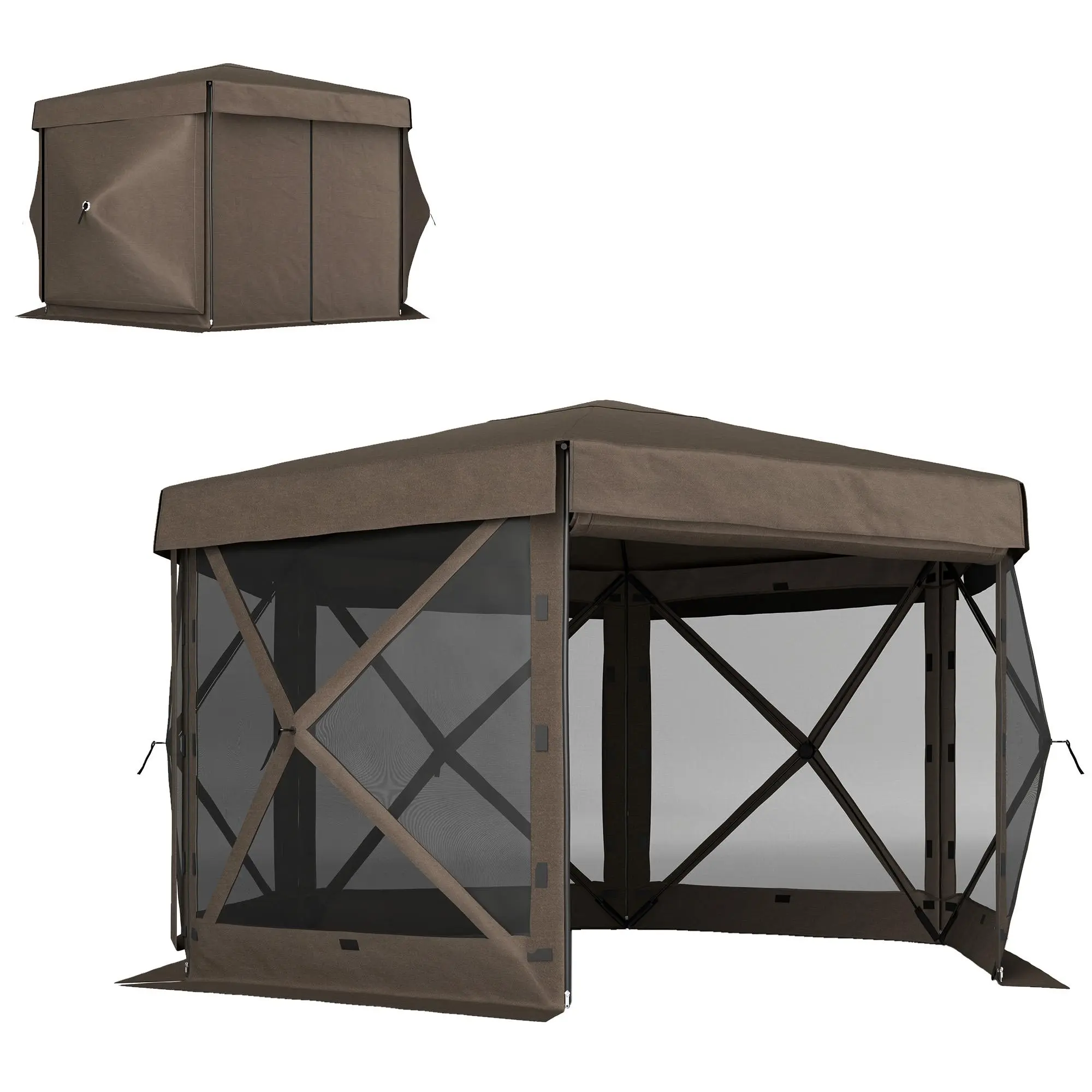 12' x 12' Hexagonal Pop Up Gazebo Canopy Tent with 5 Sidewalls, Outdoor Canopy Shelter with Carry Bag, Brown